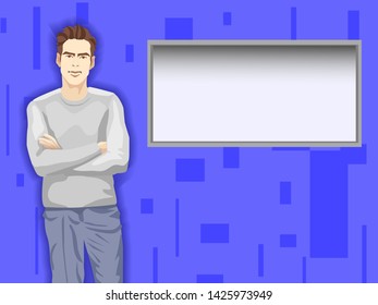 An attractive young man stands with his arms folded and looks straight ahead. He is wearing a gray long-sleeved sweater and blue pants. Blue background with gray board with space for your ad/text.