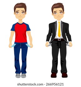 Attractive young man in two different outfit styles showing empty pockets concept