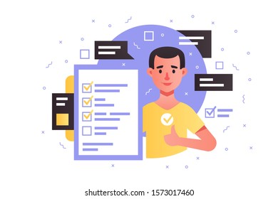 Attractive young man using check sheet with check boxes. Isolated concept businessman character using business manager. Vector illustration.