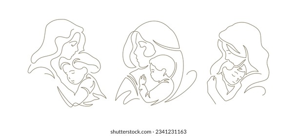 Attractive young mother embracing little cute baby child with love tenderness continuous line art logo set vector illustration. Happy family mom and kid daughter son hugging portrait silhouette icon