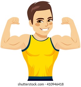 Attractive young muscular man flexing biceps and smiling happy