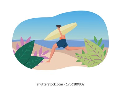 attractive young pri like to surf on a surfboard. The iconic concept isolated the character of young men in swimwear casually carrying boards carrying on a beach on a summer trip. illustration