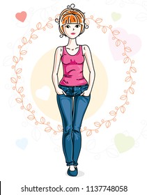 Attractive young red-haired woman adult standing on colorful backdrop with Valentine romantic hearts in casual clothes. Vector human illustration.