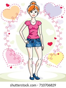 Attractive young red-haired woman adult standing on colorful backdrop with Valentine romantic hearts in casual clothes. Vector human illustration.
