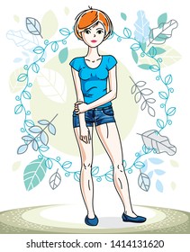 Attractive young red-haired woman posing on background of spring landscape and wearing different casual clothes. Vector nice lady illustration. Springtime theme clipart.