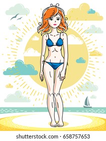 Attractive young red-haired woman posing on tropical beach and wearing blue bikini. Vector nice lady illustration. Summertime theme clipart.