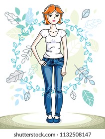 Attractive young red-haired woman standing on background of spring landscape and wearing stylish casual clothes. Vector human illustration.