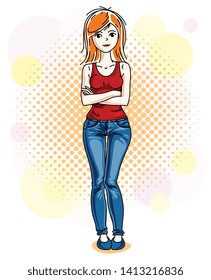 Attractive young red-haired woman standing on colorful background with bubbles and wearing casual clothes. Vector human illustration. 