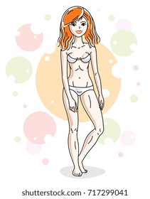 Attractive young red-haired woman standing in underwear on colorful background with bubbles. Vector human illustration. 