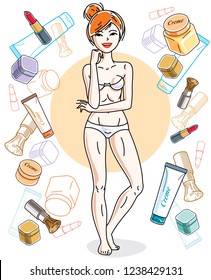 Attractive young red-haired woman in underwear standing on colorful background with cosmetic accessories. Vector human illustration. 