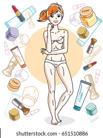 Attractive young red-haired woman in underwear standing on colorful background with cosmetic accessories. Vector human illustration. 