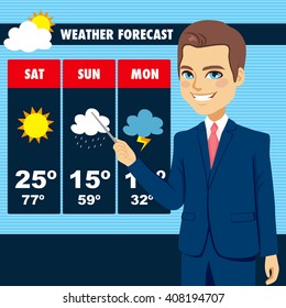 Attractive Young Tv News Weather Reporter Man Showing Weather Forecast Chart