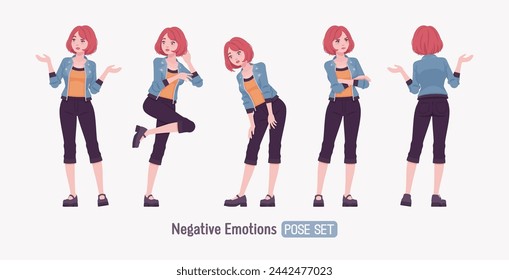 Attractive young unhappy woman negative emotion. Adult red choppy bob haircut girl wearing cool jacket, capri pants, Mary Jane clog shoes, youth people streetwear clothing style. Vector illustration