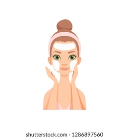 Attractive young woman applying cleansing mask, girl caring for her face and skin, facial treatment procedure vector Illustration