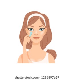 Attractive young woman applying cream or gel on her face, girl caring for her face and skin, facial treatment procedure, vector Illustration