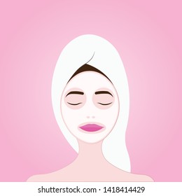 Attractive young woman applying facial sheet mask cosmetics beauty and skincare. Nourish the skin. Vector illustration.