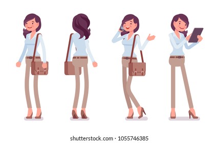 Attractive young woman in buttoned up shirt and camel skinny chino trousers, standing pose. Business stylish workwear trend and office city fashion. Vector flat style cartoon illustration, front, rear