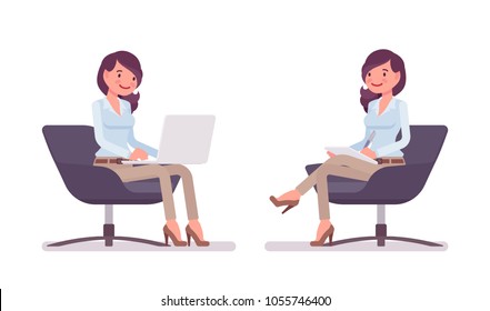 Attractive young woman in buttoned up shirt, camel skinny chino trousers relaxing sitting in armchair. Business stylish workwear trend and office city fashion. Vector flat style cartoon illustration
