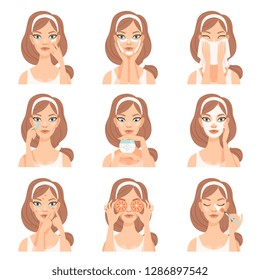 Attractive young woman caring for her face with cosmetics, beauty routine steps, facial treatment procedures vector Illustration