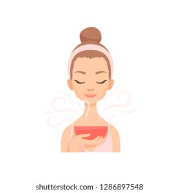 Attractive young woman caring for her face with steam, facial treatment procedure vector Illustration