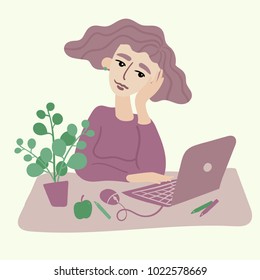 Attractive young woman with curly hair sit at her working place with laptop. Thoughtful girl. Plant, apple, mouse, pen and pencils on desktop. Vector flat illustration in pastel lilac and green tones