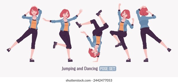 Attractive young woman dance, jump upside down pose. Red choppy bob haircut girl wearing cool jacket, capri pants, Mary Jane clog shoes, youth people streetwear clothing style. Vector illustration