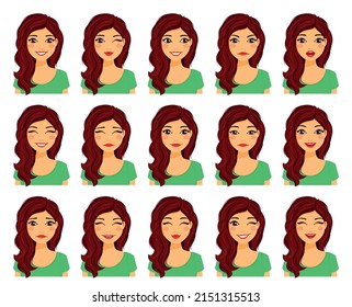 Attractive young woman with different facial expressions. Set of emotions. Flat style on a white background. Cartoon.