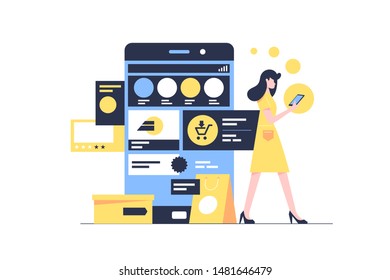 Attractive young woman engaged in online shopping using website. Isolated concept girl character using market in smartphone, store of clothes. Vector illustration.