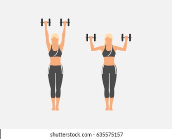 attractive young woman in fitness outwear, holding dumbbells and doing exercises