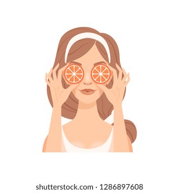Attractive young woman holding orange slices in front of eyes, girl caring for her face and skin, facial treatment procedure vector Illustration