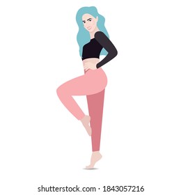 Attractive young woman with long blue hair stands and poses on one leg barefoot
