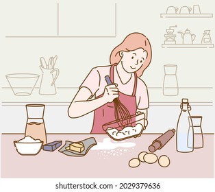 An attractive young woman is making cake in a cozy kitchen. Hand drawn in thin line style, vector illustrations.