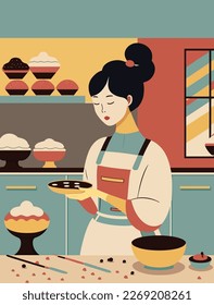 An attractive young woman is making cake in a cozy kitchen, vector illustrations.