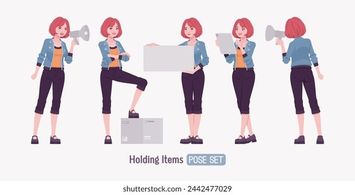 Attractive young woman megaphone speak, posing. Adult red choppy bob haircut girl wearing cool jacket, capri pants, Mary Jane clog shoes, youth people streetwear clothing style. Vector illustration