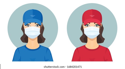 Attractive Young Woman in Red and Blue Uniform with Surgical Face Mask. Safe Home Delivery Concept. Courier Service. Advertising for Your Company. Vector Illustration