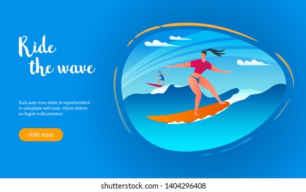 Attractive young woman riding on wave on surfboard in ocean. Vector flat illustration