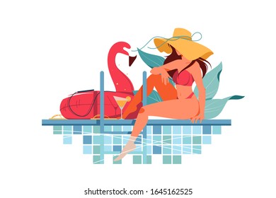 Silueta de mujer joven atractiva con sombrero cerca de la piscina tomando smoothie de naranja fresco cerca del anillo de goma flamingo. Concepto de chica de belleza aislada relajándose cerca del agua en viaje de verano. Ilustración vectorial.