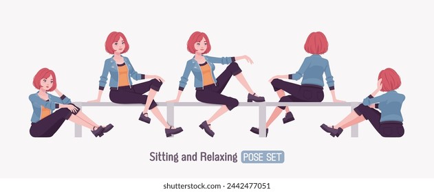 Attractive young woman sitting rest, relax posing. Adult red choppy bob haircut girl wearing cool jacket, capri pants, Mary Jane clog shoes, youth people streetwear clothing style. Vector illustration
