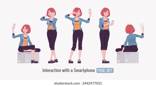 Attractive young woman smartphone user, selfie taking. Adult red choppy bob haircut girl wearing cool jacket, capri pants, Mary Jane shoes, youth people streetwear clothing style. Vector illustration