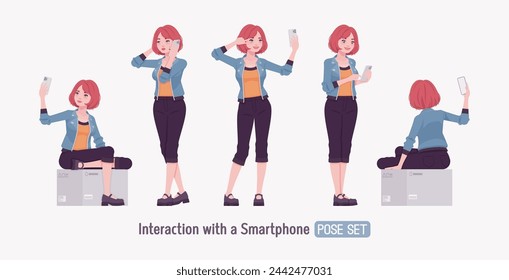 Atractiva joven mujer usuario de smartphone, toma de selfies. Adulto rojo choppy bob corte de pelo chica con chaqueta fresca, pantalones capri, zapatos Mary Jane, gente joven ropa de calle estilo. Ilustración de vector