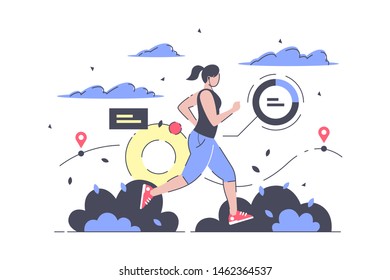 Attractive young woman sport jogging with health control device. Concept isolated girl character silhouette with sportswear and modern fitness technology. Vector illustration.