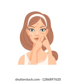 Attractive young woman squeezing out a pimple, girl with skin problems caring for her face, facial treatment procedure vector Illustration