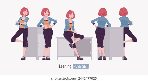 Attractive young woman standing leaning posing. Adult red choppy bob haircut girl wearing cool jacket, capri pants, Mary Jane clog shoes, youth people streetwear clothing style. Vector illustration