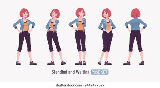 Attractive young woman standing, waiting posing. Adult red choppy bob haircut girl wearing cool jacket, capri pants, Mary Jane clog shoes, youth people streetwear clothing style. Vector illustration