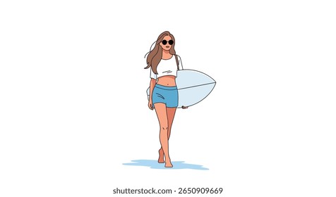 Attractive young woman with surfboard walking beach summer vacation lifestyle