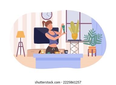 Attractive young woman taking care of her face at home. Girl in towel and bathrobe cleansing skin or applying cream in cozy room. Daily skincare routine cartoon vector