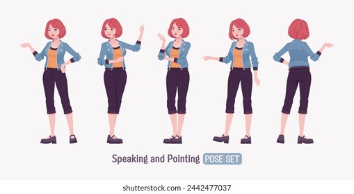 Attractive young woman talk, point speaker posing. Adult red choppy bob haircut girl wearing cool jacket, capri pants, Mary Jane clog shoes, youth people streetwear clothing style. Vector illustration