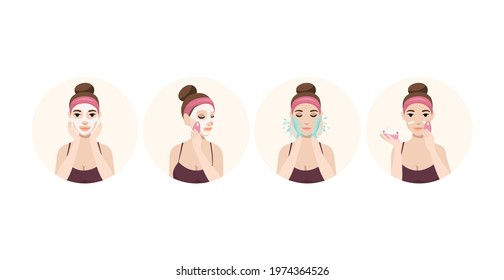 Attractive young woman with a towel around her head and body remove make-up, clean, wash and care her face with sponge. Facial treatment procedures.