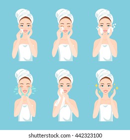 Attractive Young Woman With A Towel Around Her Head And Body Remove Make-up, Clean, Wash And Care Her Face With Sponge. Facial Treatment Procedures.