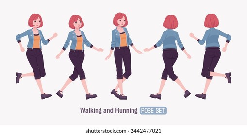 Attractive young woman walk, run hurry posing. Adult red choppy bob haircut girl wearing cool jacket, capri pants, Mary Jane clog shoes, youth people streetwear clothing style. Vector illustration